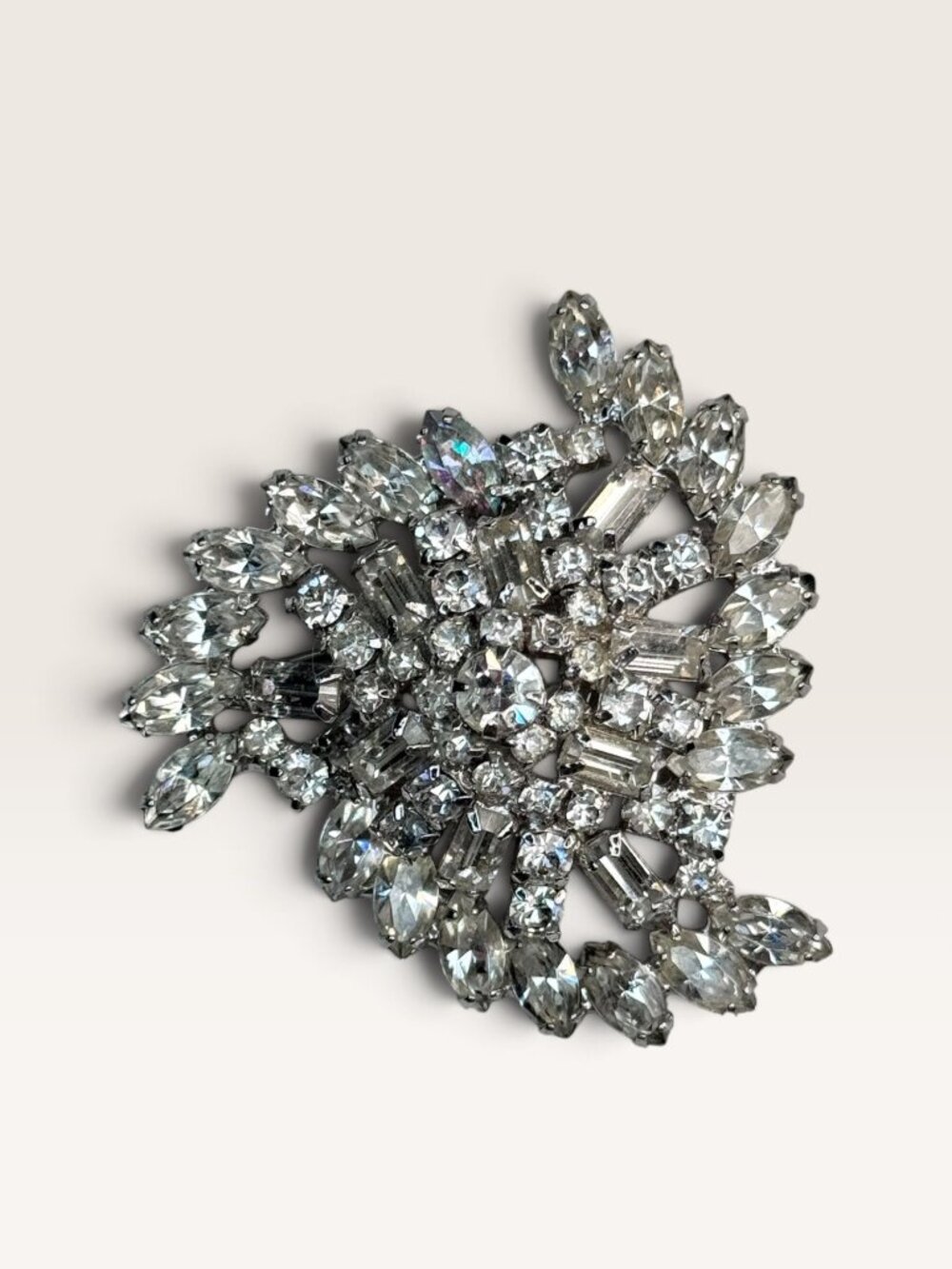 Kramer of New York Rhinestone Left Facing Leaf Scroll Brooch Vintage 1950s